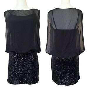 Vintage Y2K Black Cocktail Dress Party Women sz 3-4 Sequin Sheer Overlay Comfort